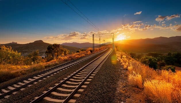 Vias Del Tren Al Atardecer Renfe Espana