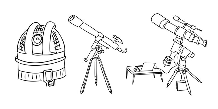 Three types of telescopes are illustrated, featuring a dome observatory, a refractor telescope on a tripod, and a modern telescope with a computer on a table