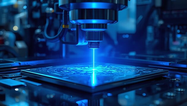 Galvo scanner laser system &ndash; High-speed galvanometer mirrors steering laser beam across stationary wafer, Precision laser processing equipment, Galvanometer laser scanning system 