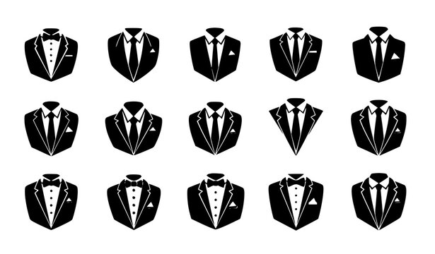 Tuxedo and Suit Silhouette Icon Set with Bow Tie, Necktie, Lapel, and Formal Gentleman Dress Code Symbol Designs