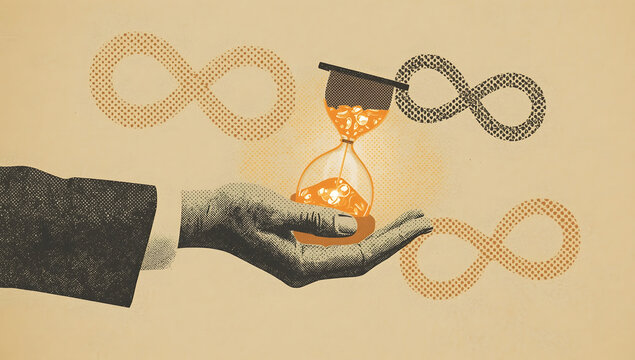 Hand holding a glowing hourglass and infinity symbols. Vintage time concept.