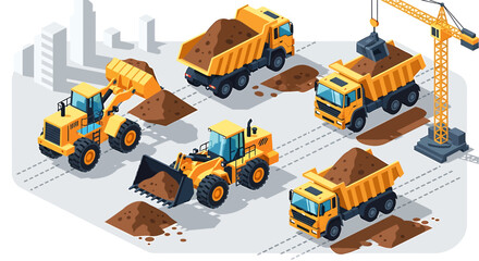 Fototapeta premium Yellow construction trucks and heavy machinery.