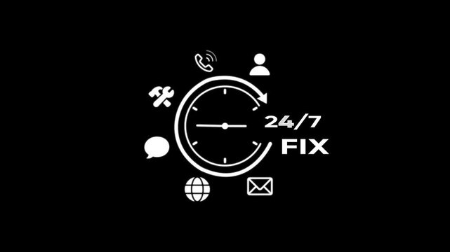 24/7 Emergency Repair Service Clock with Tools Phone Globe Email Support 24/7 support