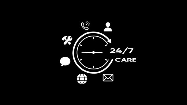 24/7 customer support service set with clock and communication symbols on black background 24/7 care