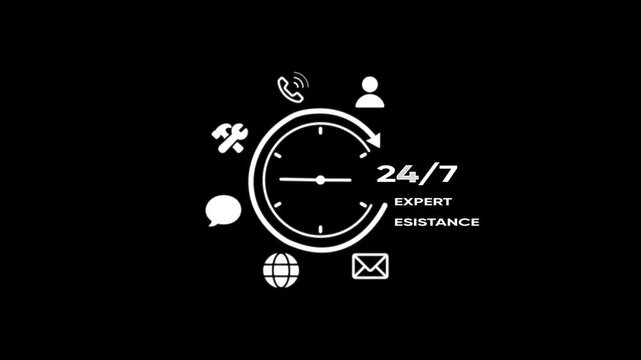 24/7 Expert Assistance Service Set with Clock and Communication Symbols for Customer Support and Help Desk Concepts