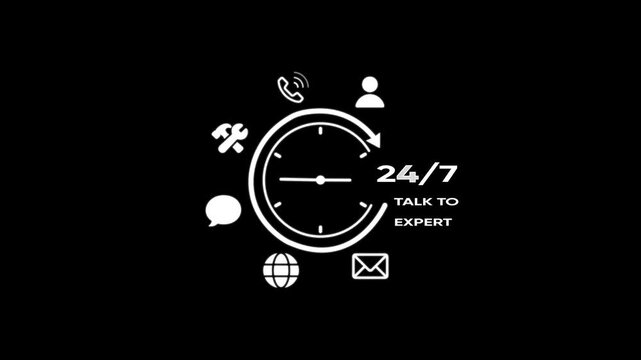 24/7 Support Services Expert Advice Clock Animation Business Concept customer service clock business concept
