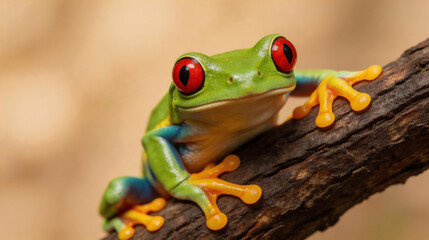 Obraz premium Vibrant Red-Eyed Tree Frog Perched on a Branch in a Natural Habitat