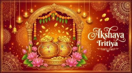 Obraz premium Akshaya Tritiya Gold Pot and Lotus Flowers Composition