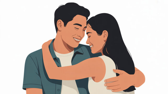 Loving couple embracing smiling and touching foreheads in a tender moment of affection and intimacy