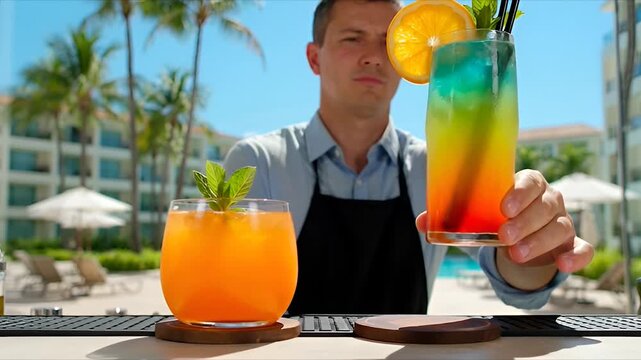 Bartender serving colorful cocktails on a sunny day at a poolside bar with tropical background
