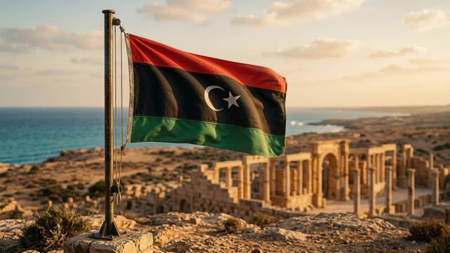 Libya flag waving over desert ruins and landmark tower