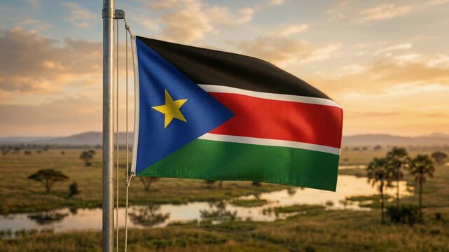 South Sudan flag waving over landmark tower and grassland landscape