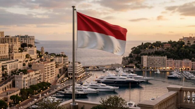 Monaco flag waving over coastal city skyline and old European town