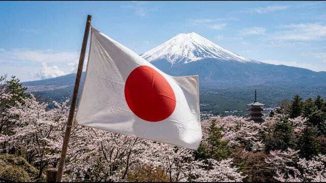 Japan flag waving over Mount Fuji and landmark tower