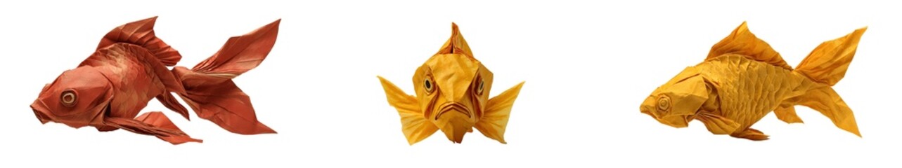 Fototapeta premium Three Detailed Origami Goldfish Figures in Red and Yellow Paper Isolated on Transparent Background, Japanese Paper Folding Art Set