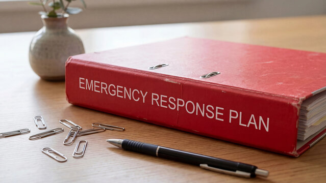 Emergency response plan documentation and organizational crisis management concept for workplace safety preparedness disaster contingency and incident protocol compliance