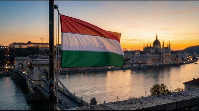 Hungary flag waving over riverside bridge and old European town