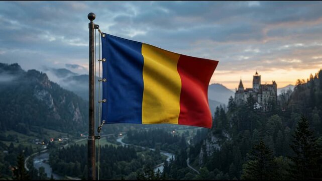 Romania flag waving over medieval castle and river valley