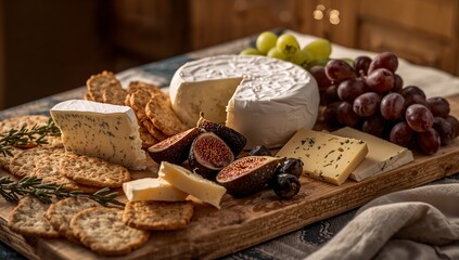 Fototapeta premium Cheese Platter with Brie Figs Grapes and Crackers on Wooden Board