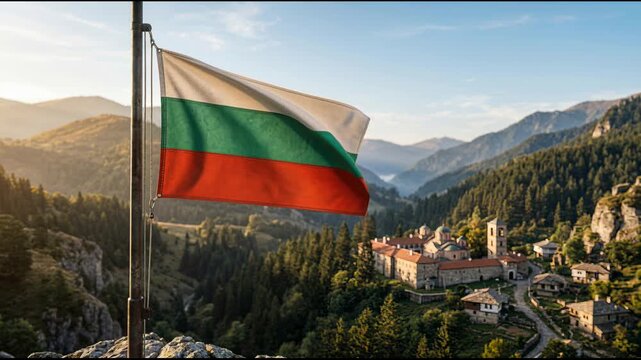 Bulgaria flag waving over medieval castle and landmark tower