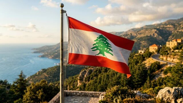Lebanon flag waving over landmark tower and old European town