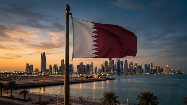 Qatar flag waving over coastal city skyline and sunset sky