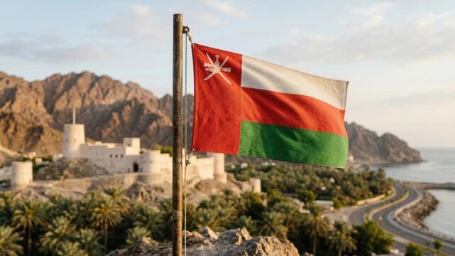 Oman flag waving over sea cliffs and fortress walls