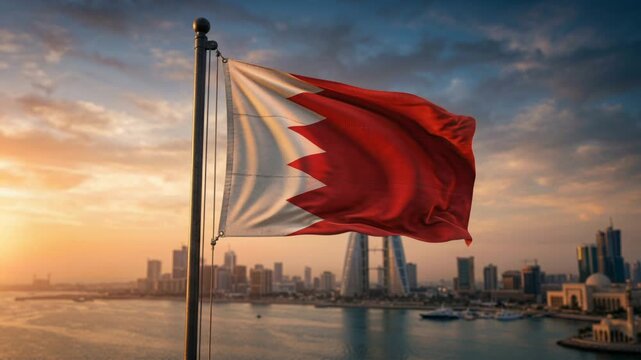 Bahrain flag waving over coastal city skyline and old European town