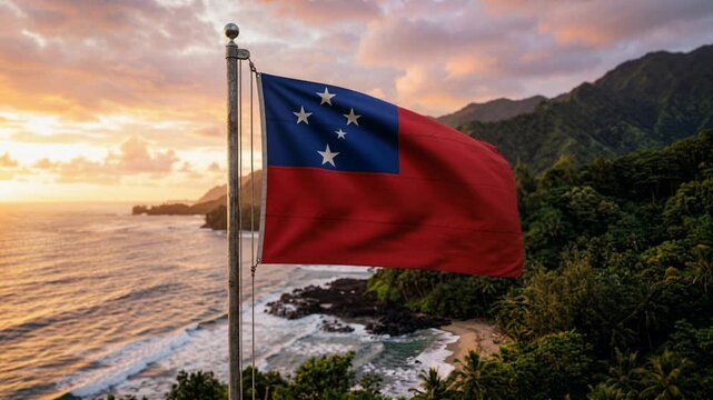 Samoa flag waving over tropical jungle and landmark tower
