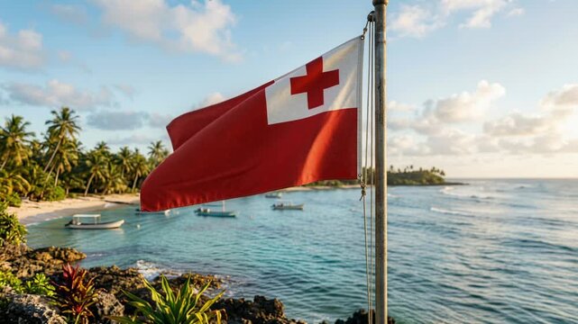 Tonga flag waving over coastline and landmark tower
