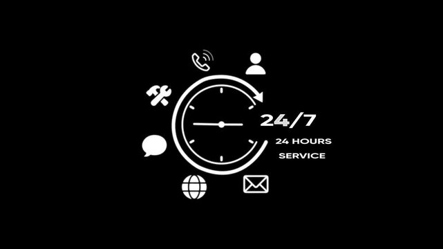 24/7 service set with clock phone person chat globe and envelope on black background for customer support and business concept