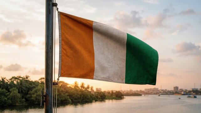 Ivory Coast flag waving over riverside bridge and river valley
