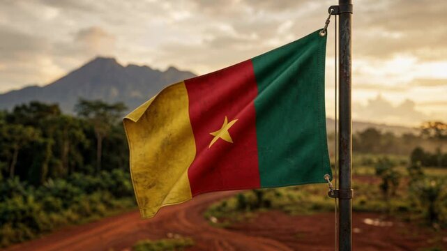 Cameroon flag waving over rural farmland and fortress walls