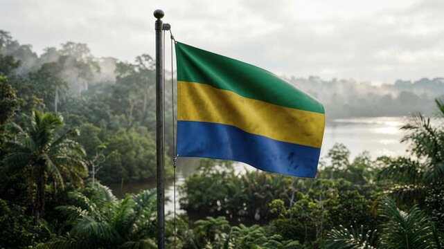 Gabon flag waving over tropical jungle and government building