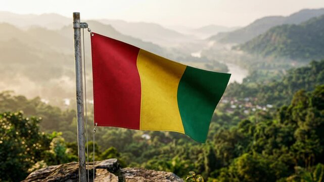 Guinea flag waving over tropical jungle and village landscape
