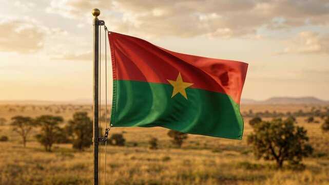 Burkina Faso flag waving over grassland landscape and fortress walls