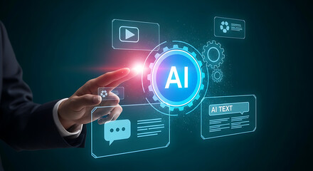 Naklejka premium Businessman interacting with artificial intelligence interface on futuristic digital screen transparent background