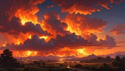 Keuken achterwand Bordeaux A vibrant orange and yellow cloudy sky over a serene landscape  © Jona