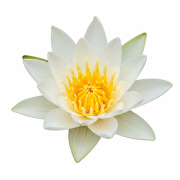 White water lily flower with yellow center isolated on white background