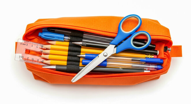 School supplies in orange pencil case with scissors on white background