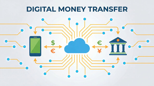 Digital money transfer and global online banking payment network concept for mobile financial transaction cloud technology international currency exchange education