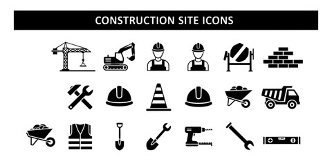 A Minimalist and Professional set of construction site icons featuring essential building tools heavy machinery and worker safety equipment for industry related projects. © MstSomaya
