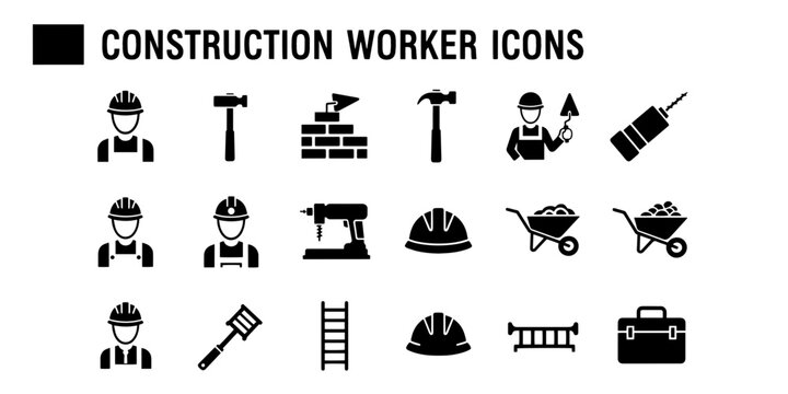 Minimalist Graphic Icons Depicting Construction Workers and Tools in a Professional Context