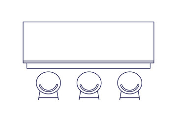 Bar counter, dining table with stools, chairs, top view layout for outline floor plan. Interior furniture for pub, cafe, home kitchen design. Flat vector illustration isolated on white background