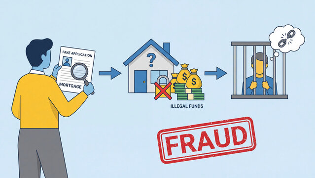 Mortgage fraud fake application illegal funds and property crime consequences concept illustration for financial crime awareness legal prosecution and consumer justice