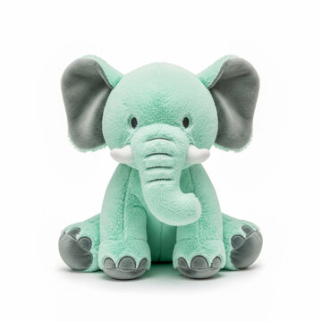 Soft green plush elephant toy sitting on white background for kids and baby products