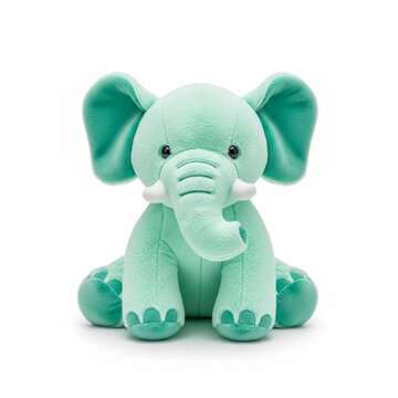 Soft mint green plush elephant toy sitting on white background for kids and baby products