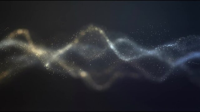 Gold particle background with golden and pale white dust forming a horizontal nebula wave flowing gently in deep blue charcoal space creating calm cinematic depth and elegant motion
