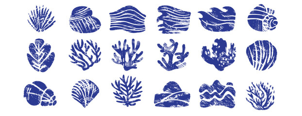 Blue linocut seashell and coral set. Handmade woodcut print collection of marine shells, seaweed, underwater nature. Vintage stamp illustrations, vector © Maria Petrish