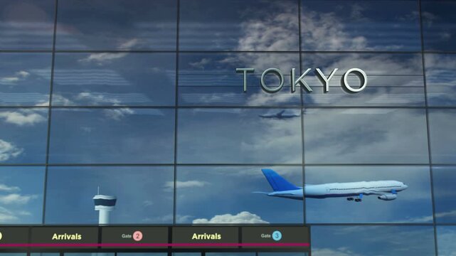 Tokyo plane landing. Jet airplane airliner travel to Japan and terminal airport arrival.